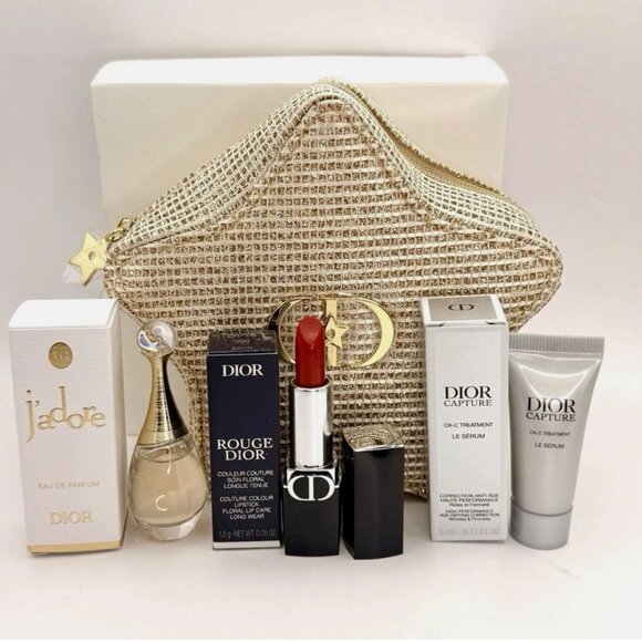 Dior Gold Star Pouch Make Up Bag 4pc Makeup Skincare Set Limited Edition NIB - Picture 1 of 12